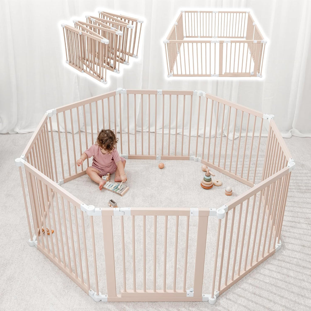 Comfy Cubs Baby Gate Playpen - 57 x 57 x 25 in, Extends Up to 228' - Pine Wood Foldable Playpen with Child-Proof Lock - Easy Assembly Baby Fence Play Area for Babies & Toddlers - Blush