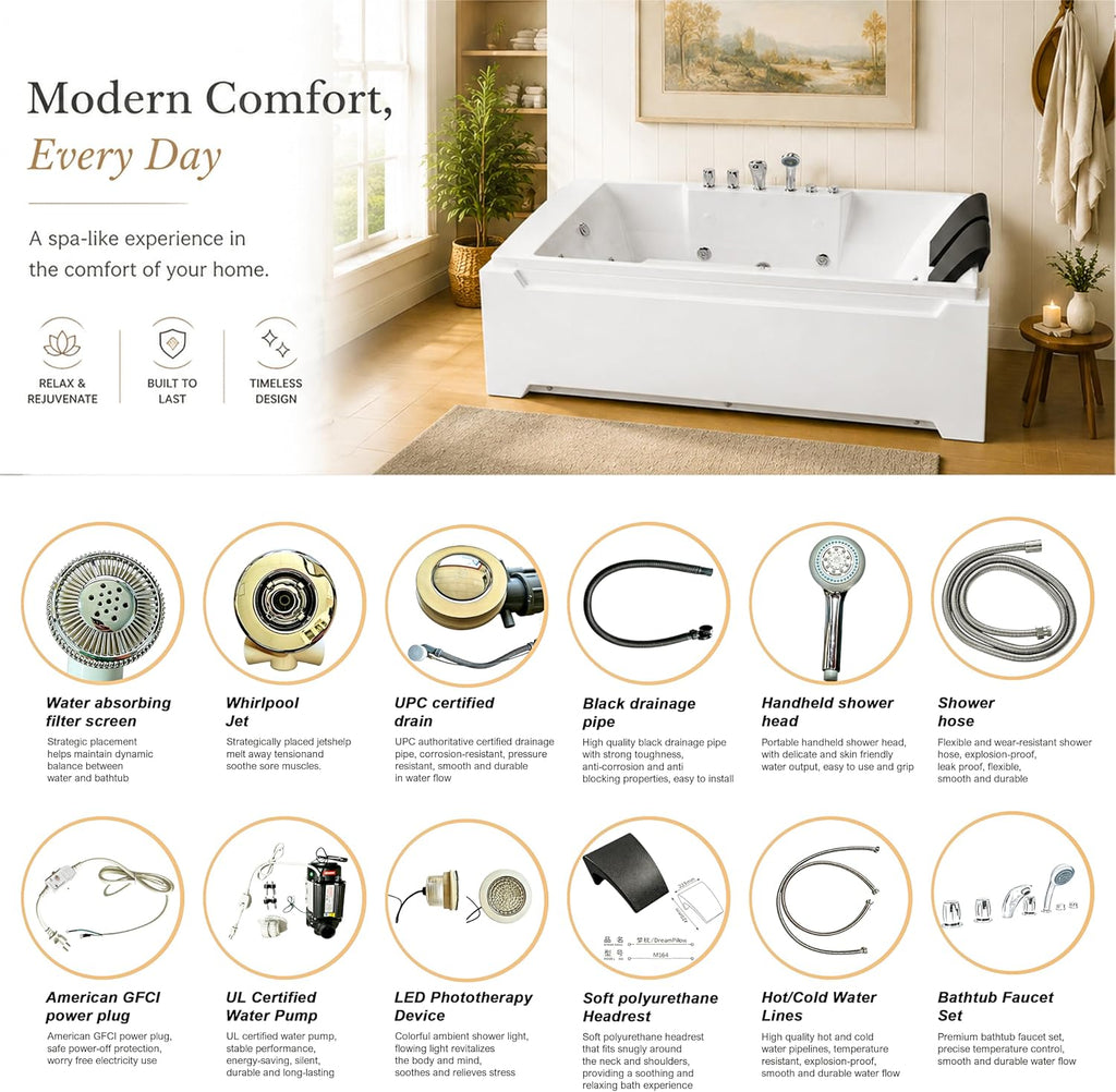 73' x 48' 2-Person Jetted Bathtub Whirlpool Tub Hydro Massage + Chromatherapy, UL & UPC Certified, 3-Sided Apron, 110 Gal Left Drain