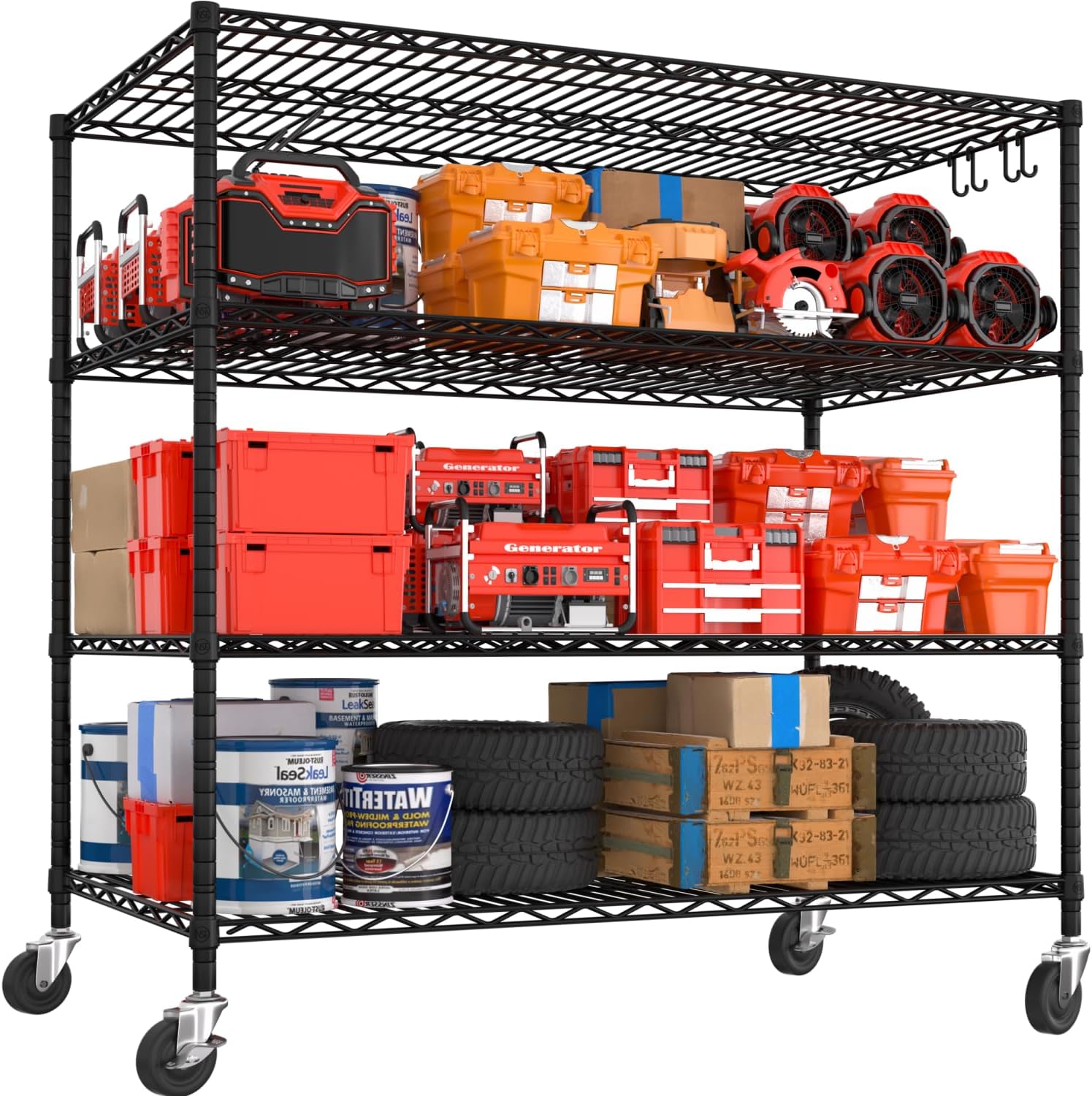 PrimeZone 55.5' W x 24' D x 80' H Heavy Duty Wire Storage Shelves with Wheels, 4 Tier Adjustable NSF Commercial Garage Shelving Unit, Rolling Metal Organizer Shelf Rack for Warehouse, Pantry, Black