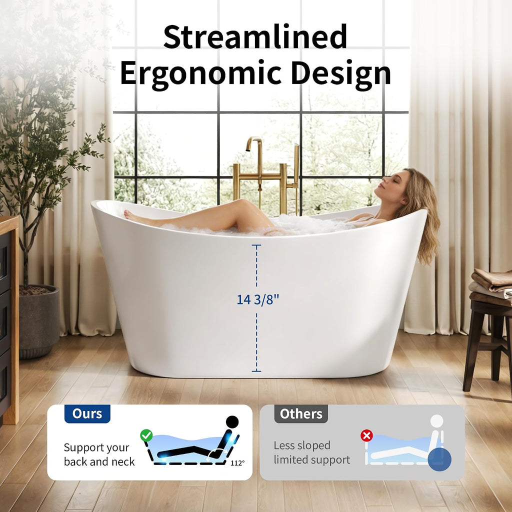 DeerValley 59' Free Standing Bathtub, Acrylic Soaking Tub with Center Drain & Integrated Overflow, Modern Standalone Shower Tub White, Deep Soaker, Ergonomic Design, DV-1T151S
