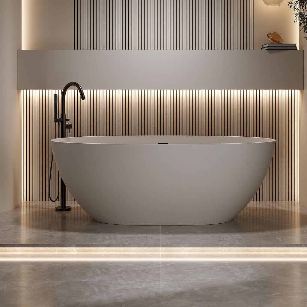 KEIKI 63'' Freestanding Bathtub, Resin Stone Soaking Bathtub with Solid Surface, Modern Tubs with Overflow and Pop-up Drain