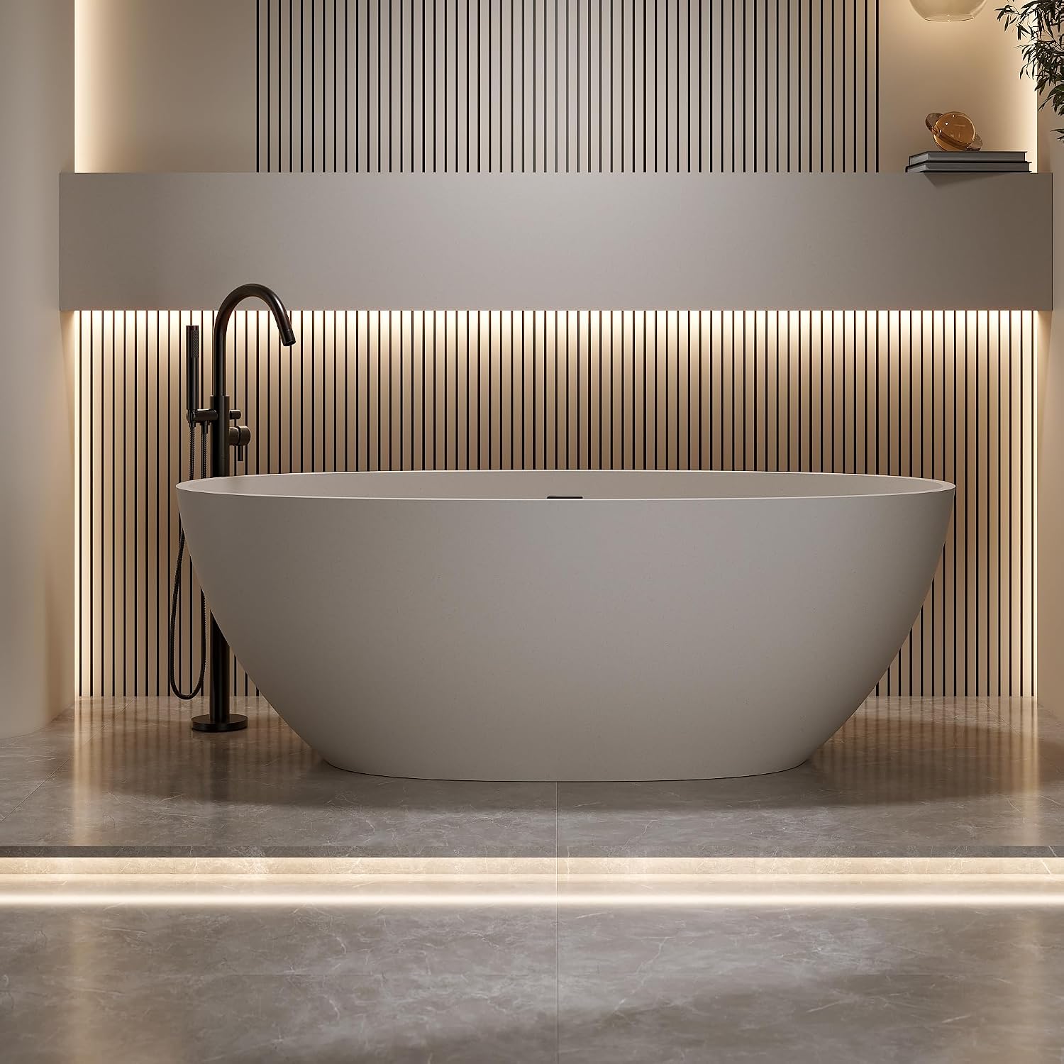 KEIKI 63'' Freestanding Bathtub, Resin Stone Soaking Bathtub with Solid Surface, Modern Tubs with Overflow and Pop-up Drain