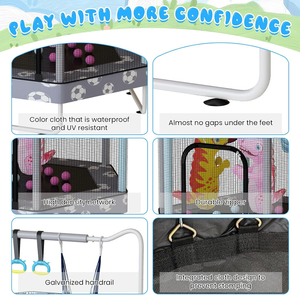 LAMERGE 55' 7-in-1 Round Trampoline for Kids Boys & Girls Ages 1-8, Indoor & Outdoor Trampoline for Fun, Adjustable Height Handrail ＆ Enclosed Safety Net ＆ Durable Designs for Toddlers Children