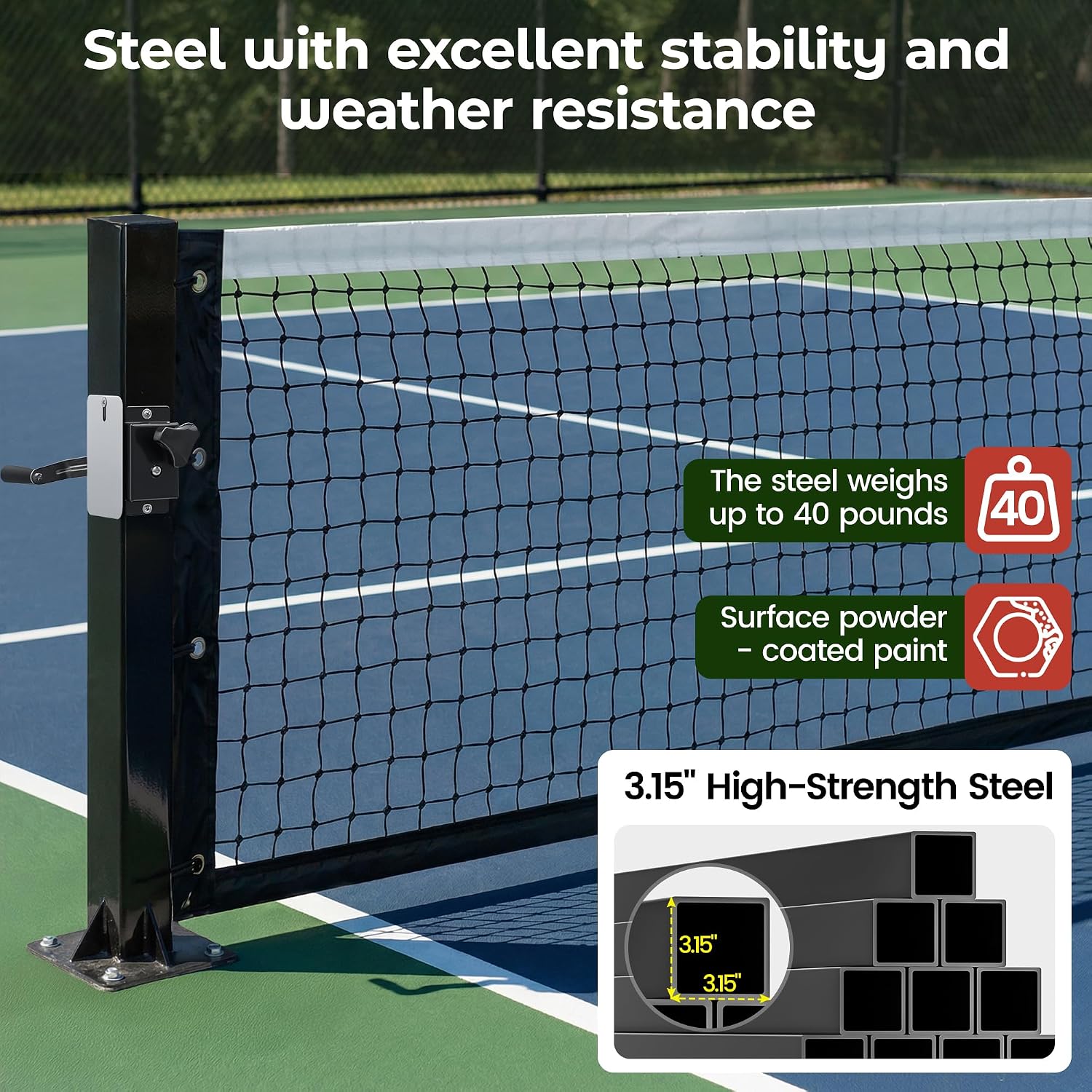 Permanent Pickleball net System with Hand-Crank Tension,Heavy Duty Steel Frame Pickleball net for Driveway,PRO Pickleball Net,Tournament-Spec 22ft x 36in Backyard,Club,School