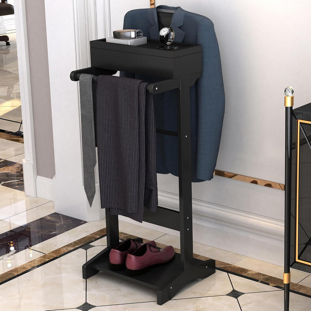 Wooden Valet Stand for Men, Modern Mens Valet Stand with Tray Organizer, Shoe Shelf, Hanging Rod & Suit Rack, Freestanding Clothes Rack for Bedroom Entryway Office, Black