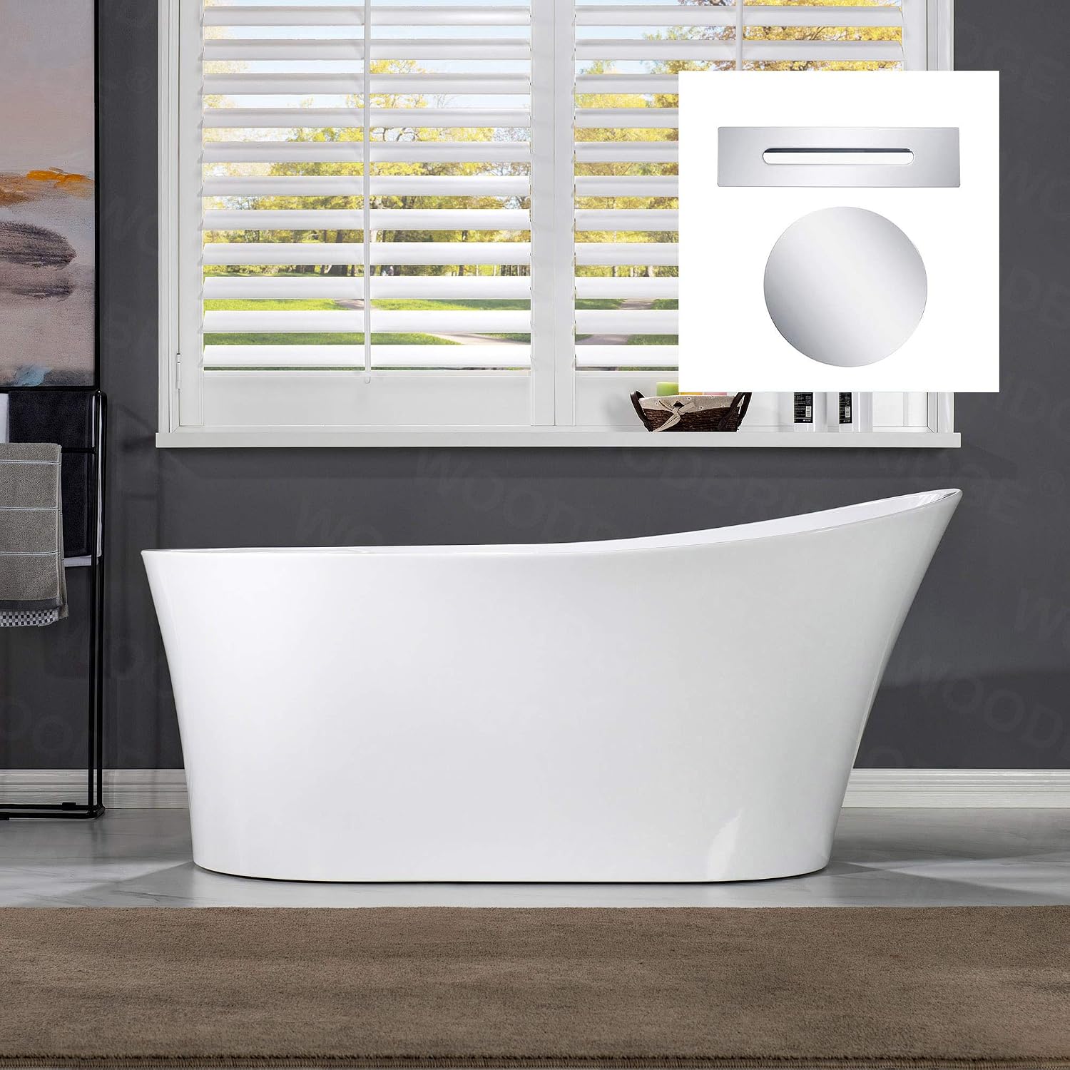WOODBRIDGE 59' Acrylic Freestanding Bathtub Contemporary Soaking Tub with Chrome Overflow and Drain B0083-C-Drain &O,White