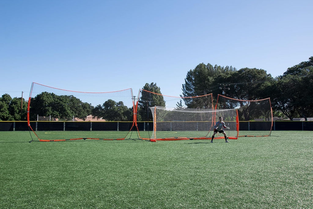 Bownet Big Barrier 21.6' x 11.6' Multi-Sport Backstop & Field Divider Net – Portable Safety Barrier for Soccer, Baseball, Softball & Lacrosse, Steel Frame, Fast Setup