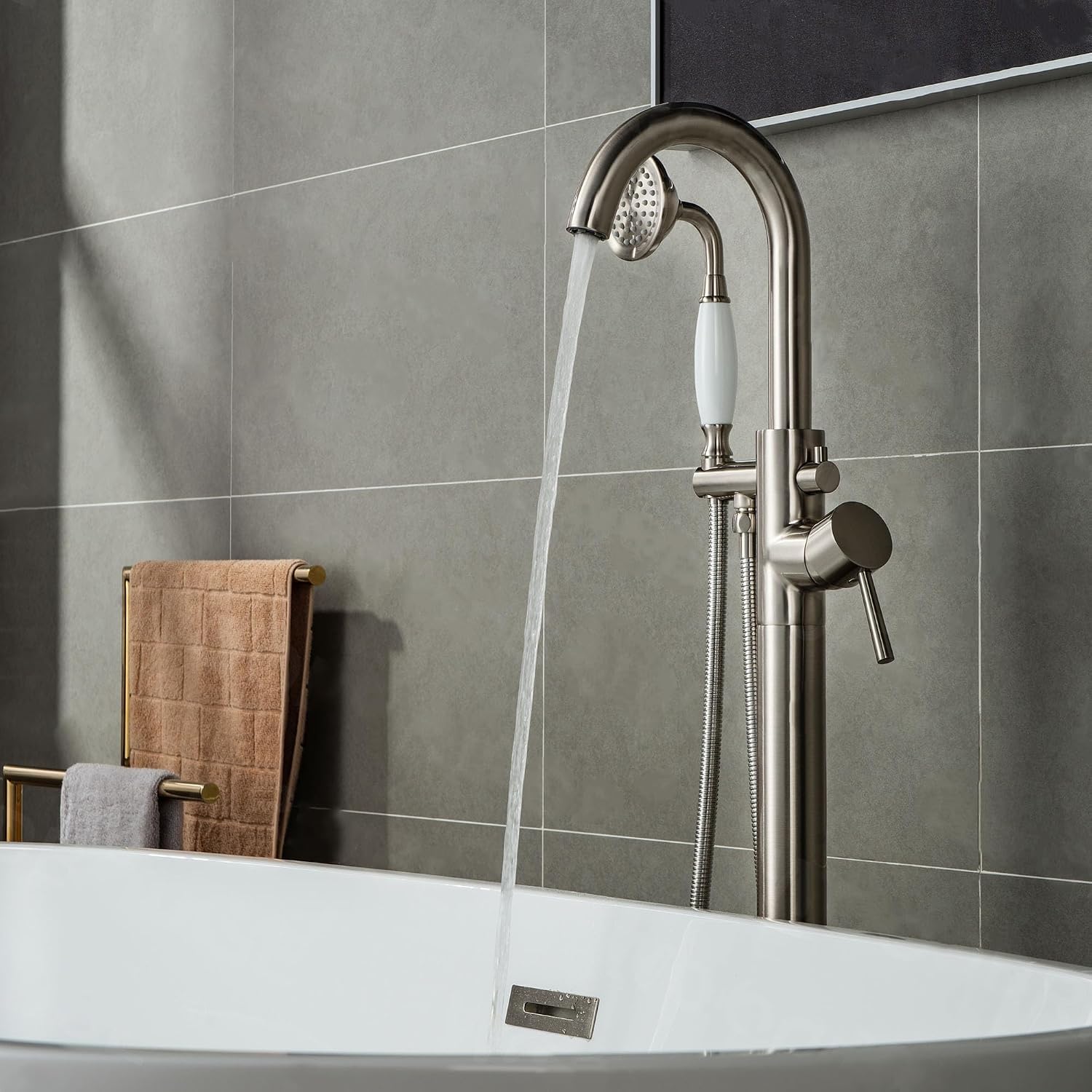 WOODBRIDGE F0001BNVT Fusion Single Handle Floor Mount Freestanding Tub Filler Faucet with Telephone Hand shower in Brushed Nickel Finish