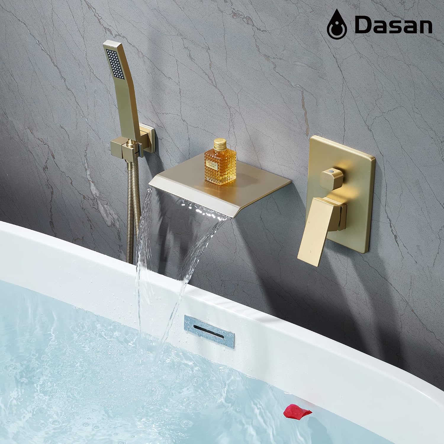 Upgraded Wall Mount Tub Filler Faucet with Handheld Shower, DASAN Modern Wall Mounted Bathtub Faucet Brushed Gold High Flow Waterfall Tub Faucet with Rough in Valve, SA-TF04WH-BG