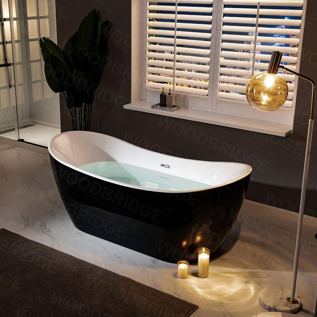 WOODBRIDGE 71' Acrylic Freestanding Bathtub Contemporary Soaking Black Tub with Brushed Nickel Overflow and Drain,Black,B1817-BN