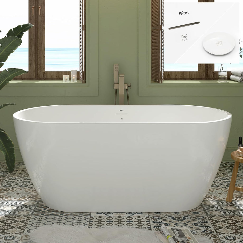 FerdY 59' Bali Elite Acrylic Freestanding Bathtub, Gracefully Shaped Freestanding Soaking Bathtub, cUPC Certified, Toe-Tap White Drain& Bath Pillow for Bathtub,Thick Tub Pillows, Breathable 4D Air Mes