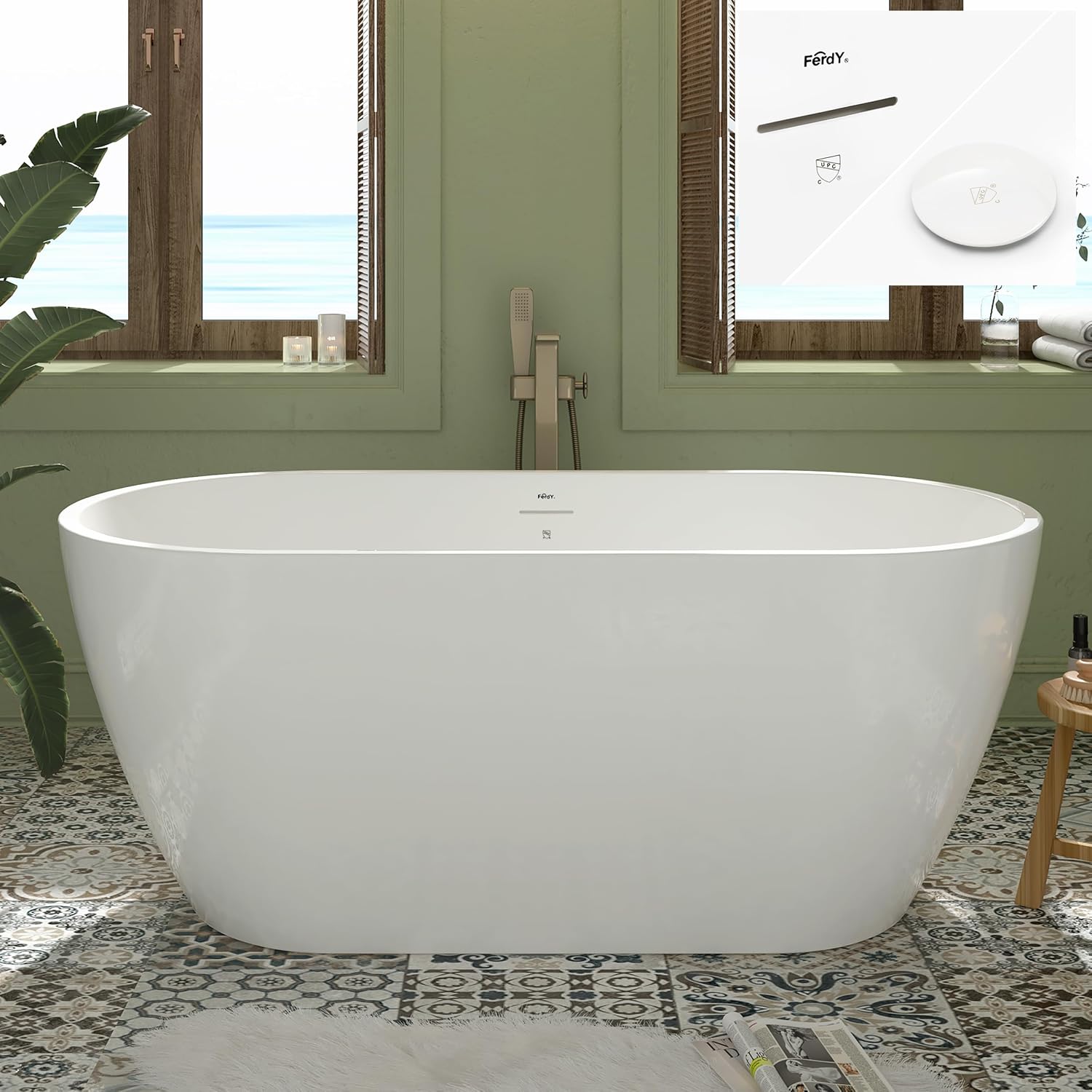 FerdY 59' Bali Elite Acrylic Freestanding Bathtub, Gracefully Shaped Freestanding Soaking Bathtub, cUPC Certified, Toe-Tap White Drain& Bath Pillow for Bathtub,Thick Tub Pillows, Breathable 4D Air Mes