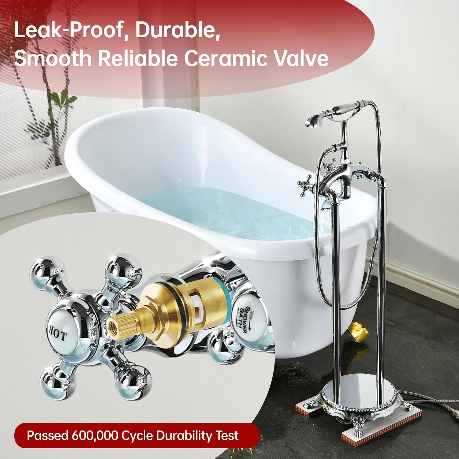 SUMERAIN Waterfall Freestanding Bathtub Faucet with Hand Shower, Antique High Flow Floor Mount Tub Filler Solid Brass, Chrome Finish