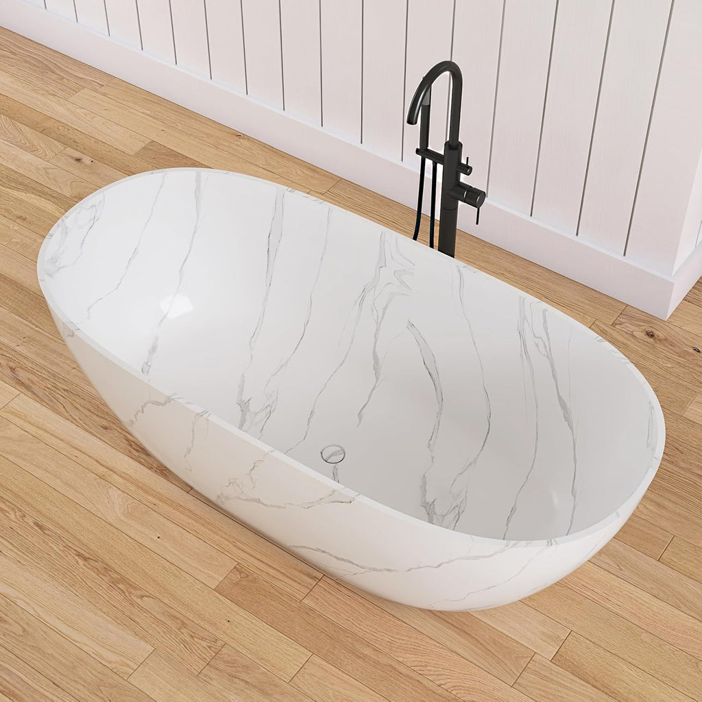 63 '' Stone Resin Freestanding Bathtub, Elegant Oval Shape Soaking Tub, Solid Surface Stand Alone Bathtub with Drain & Without overflow outlet Terrazzo Beige