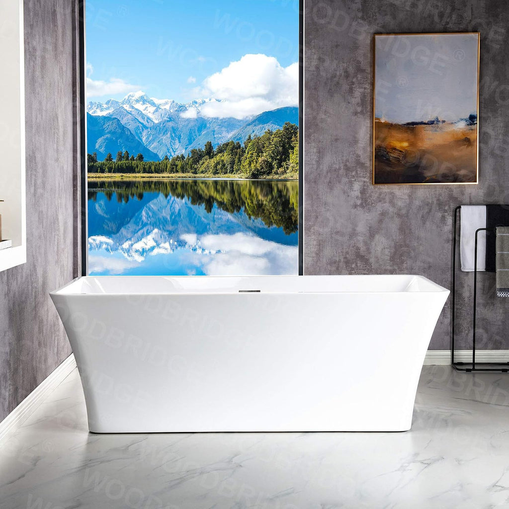 WOODBRIDGE 67' Acrylic Freestanding Bathtub Contemporary Soaking White Tub with Brushed Nickel Overflow and Drain，BTS1609 -B/N-Drain &O