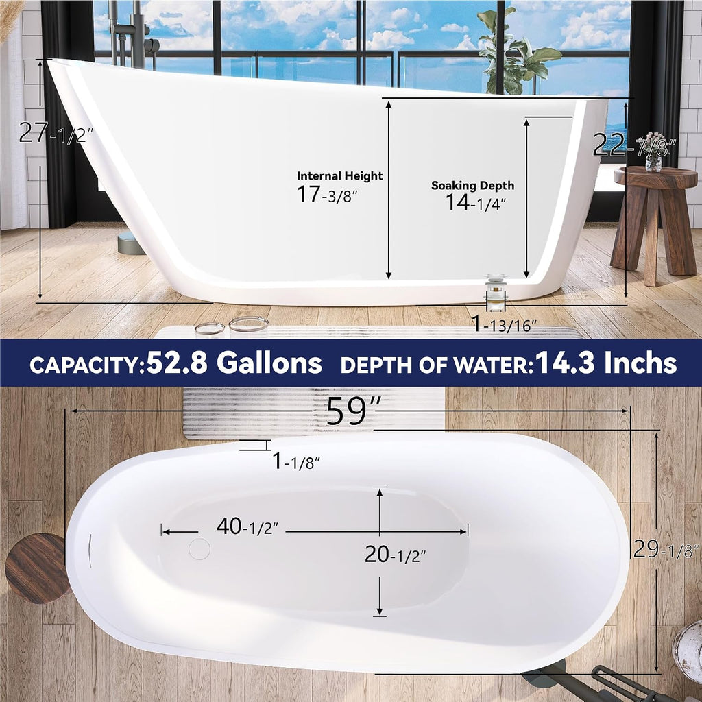 59' Acrylic Free Standing Tub, Stand Alone Tub, Freestanding Bathtub, Soaking Bathtub, cUPC Certified, CM(Glossy White)