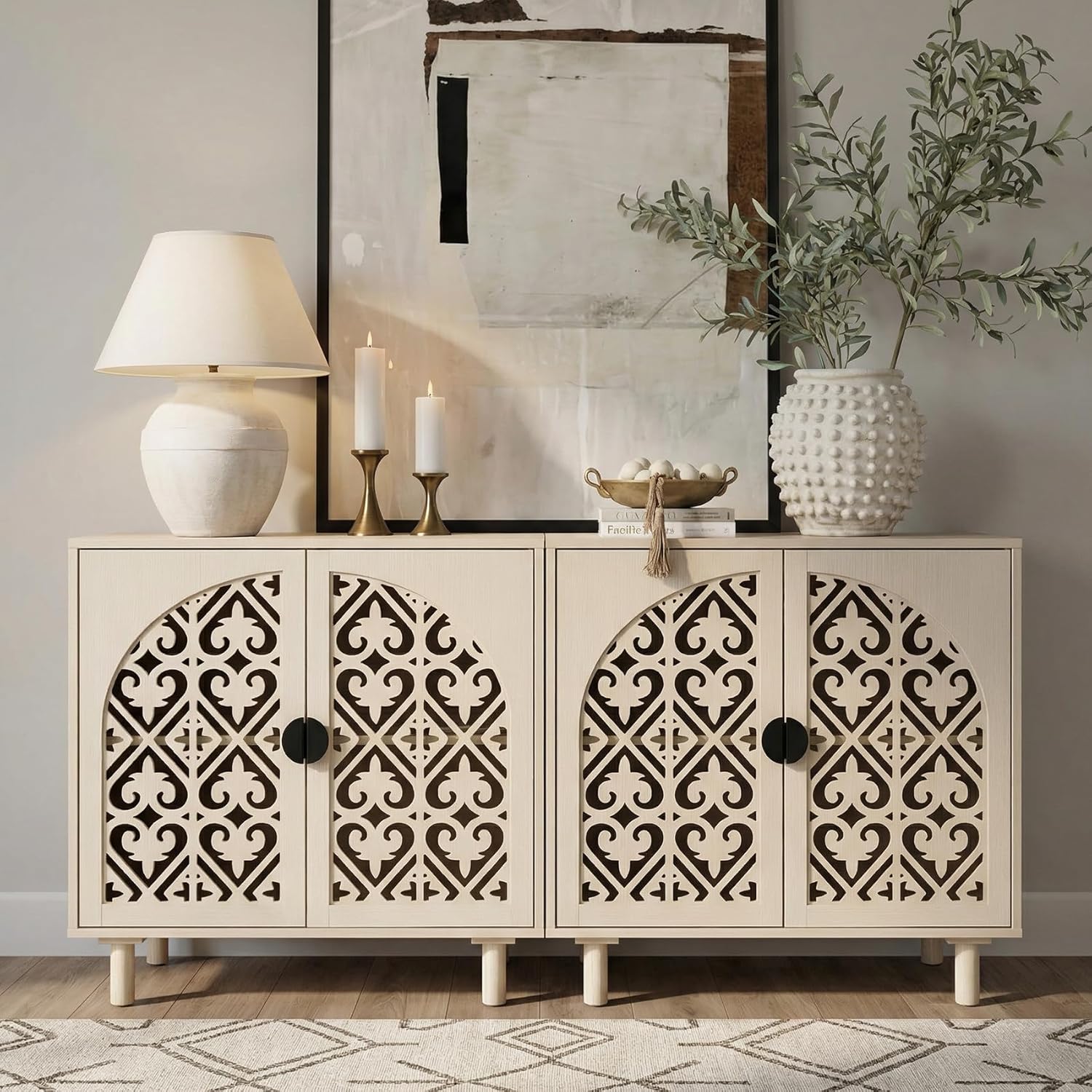 Storage Sideboard Cabinet, 60 x 32 x 16 inches, 4 Doors with Decorative Carved Panels, Natural Wood. [2pcs, Beige]