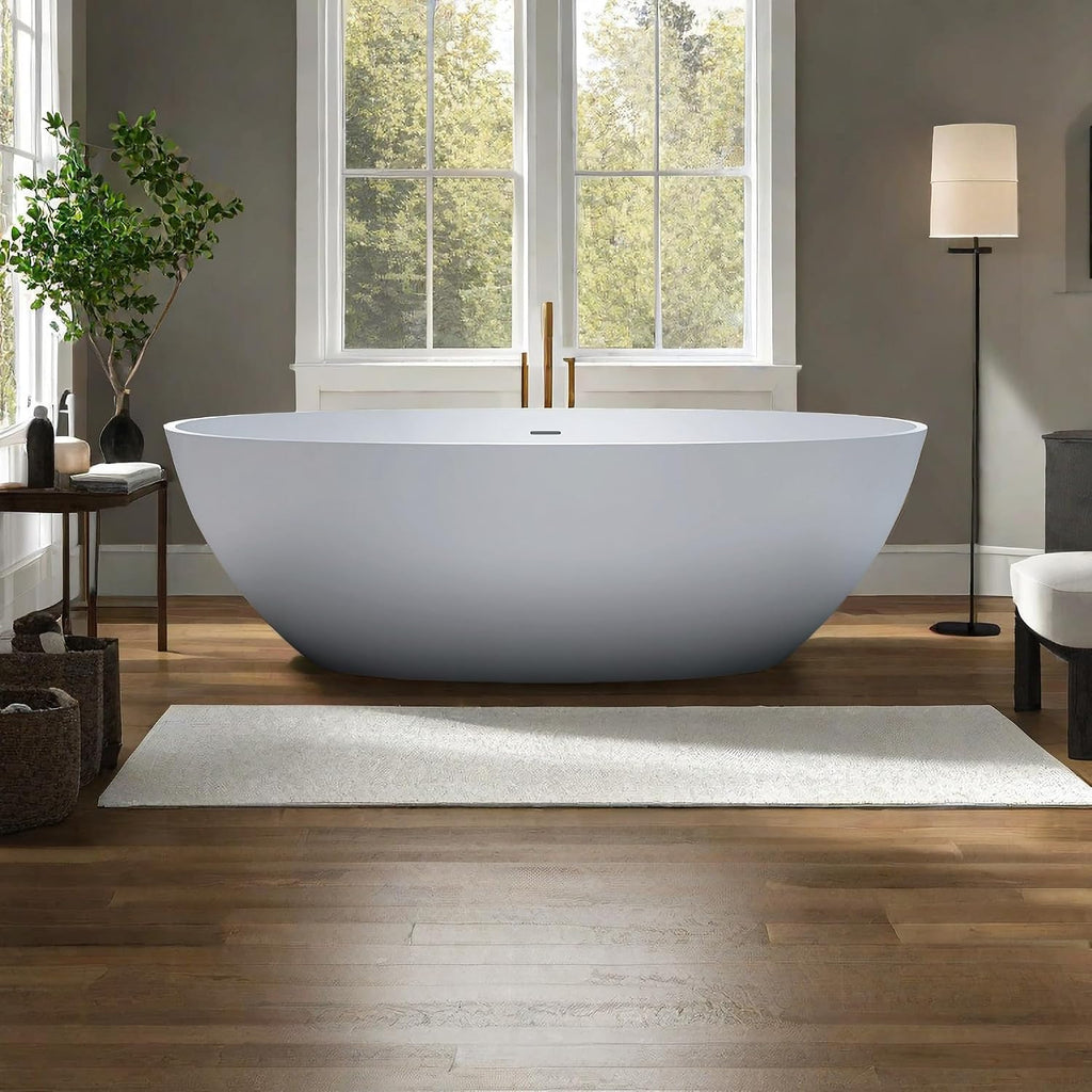 71' Stone Resin Freestanding Bathtub, Solid Surface Free Standing Tub, Soaking Tub with Overflow and Pop-up Drain in White, 2 Person Bathtub