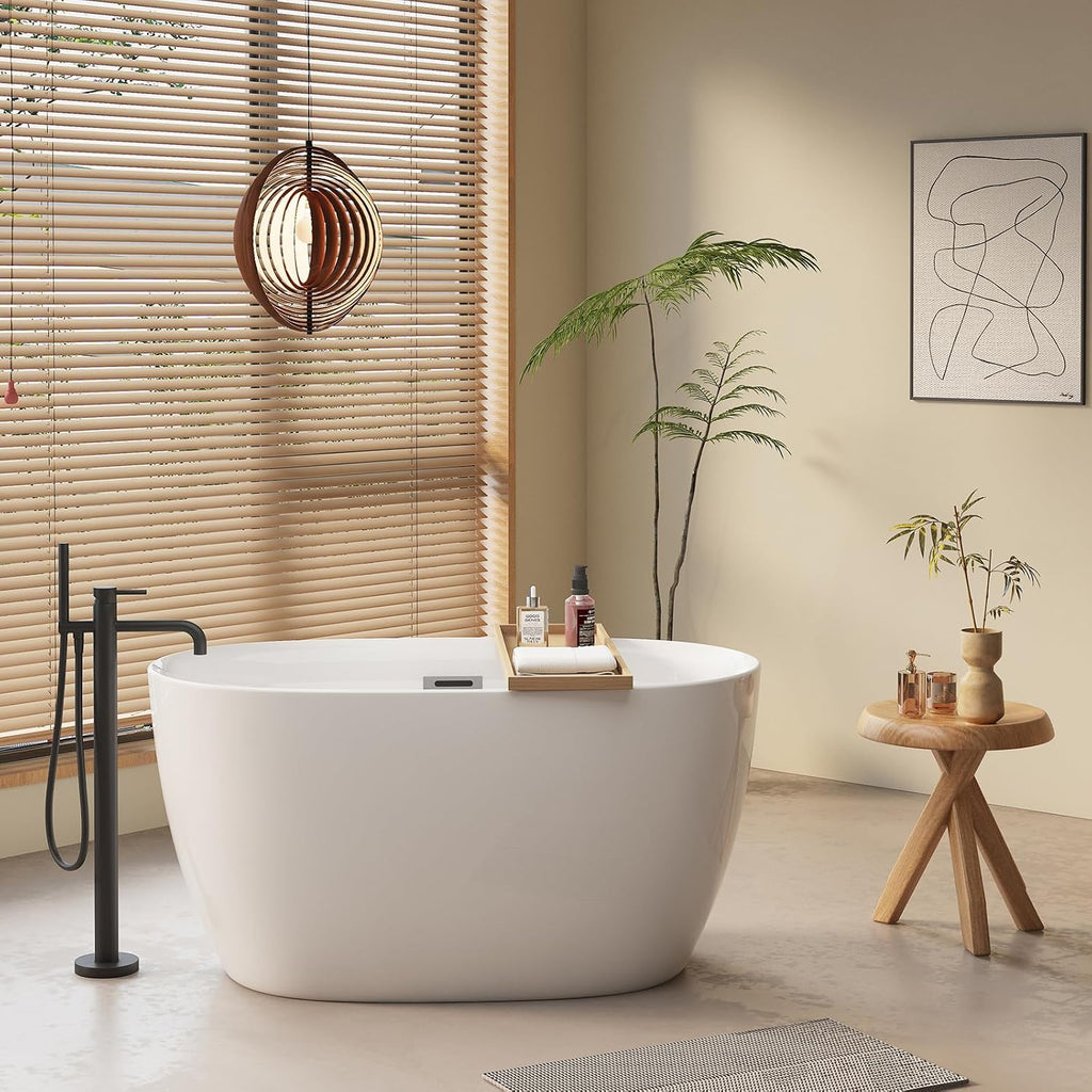 Favfurish 47' Acrylic Freestanding Bathtub,Oval Shape Soaking Stand Alone Tubs,With Chrome Overflow and Pop-Up Drain,Contemporary Bathroom Deep Furniture w/Slotted Overflow,Easy Installation,White
