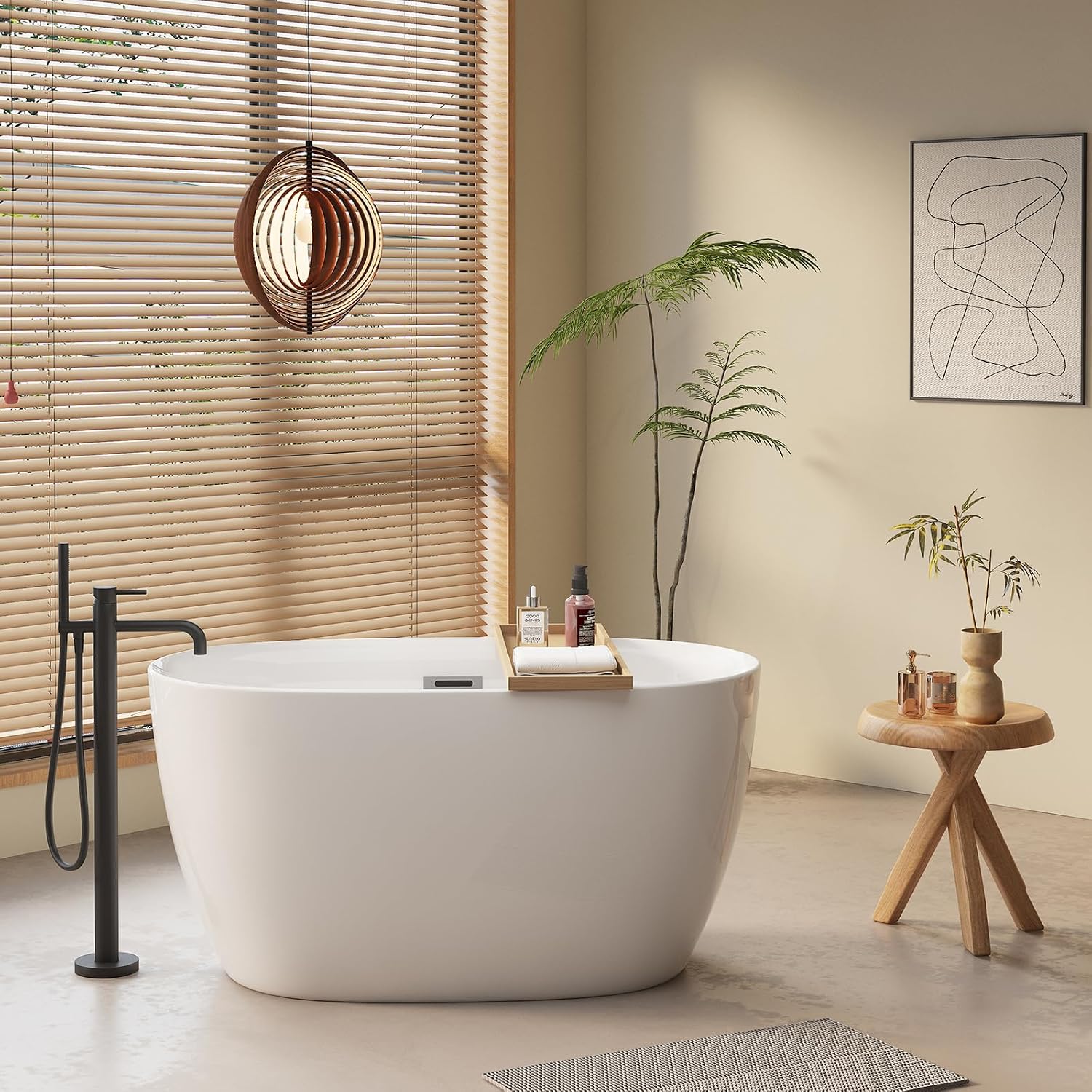 47'' White Acrylic Freestanding Bathtub, Oval Freestanding Bathtub with Chrome Overflow and Pop-Up Drain