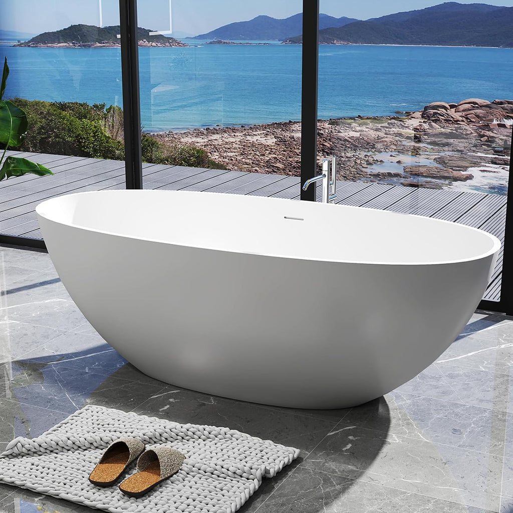 Zevemomo 65 Inch Stone Resin Freestanding Bathtub, Modern Oval Soaking Bathtubs Tubs, Contemporary Solid Surface Bathtubs with Overflow and Pop-up Drain, Matte White