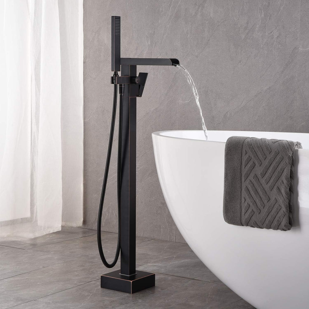 Wowkk Freestanding Bathtub Faucet Tub Filler Waterfall Single Handle Oil Rubbed Bronze Floor Mounted Faucets with Handheld Shower