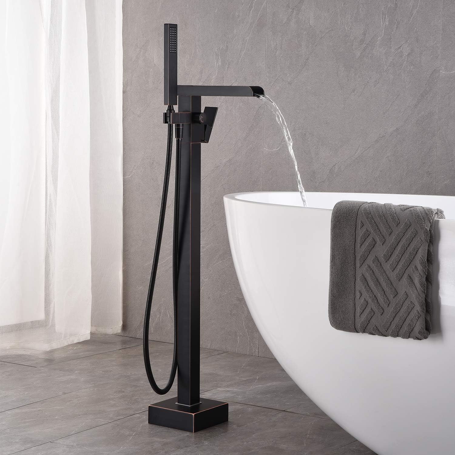 Wowkk Freestanding Bathtub Faucet Tub Filler Waterfall Single Handle Oil Rubbed Bronze Floor Mounted Faucets with Handheld Shower