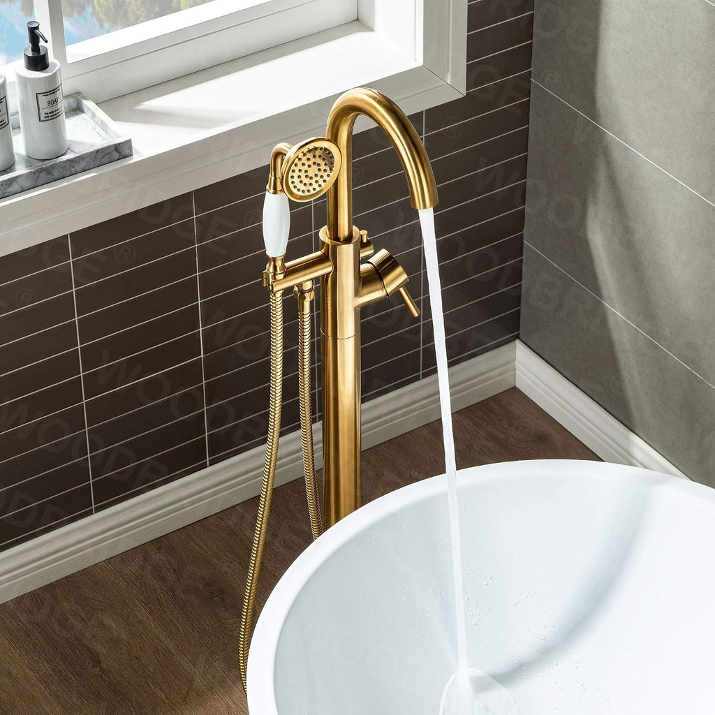 WOODBRIDGE Contemporary Single Handle Floor Mount Freestanding Tub Filler Faucet with Hand Shower in (Brushed Gold) Finish,F0007-BGVT