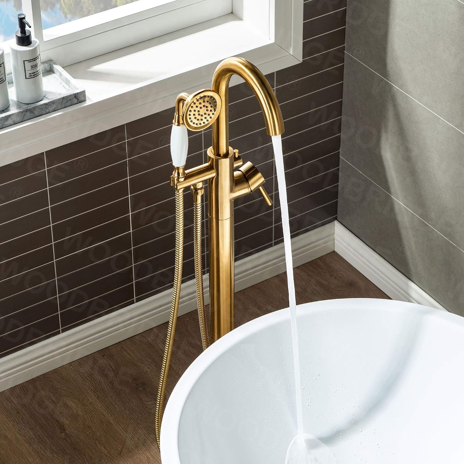 WOODBRIDGE Contemporary Single Handle Floor Mount Freestanding Tub Filler Faucet with Hand Shower in (Brushed Gold) Finish,F0007-BGVT