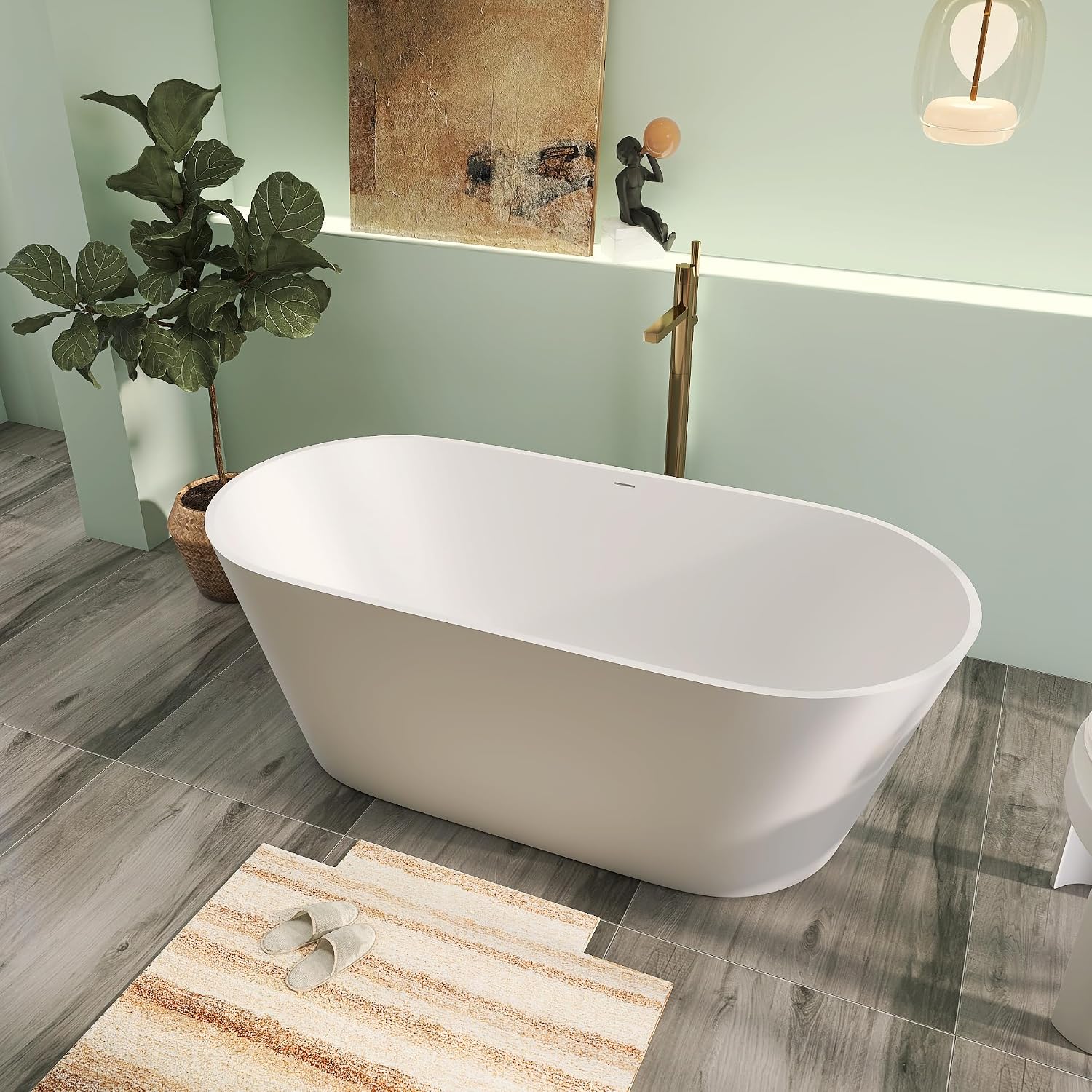 63' Premium Solid Surface Freestanding Bathtubs, Upgraded Oval Stone Resin Soaking Tub with Overflow and Pop-up Drain, Matte White