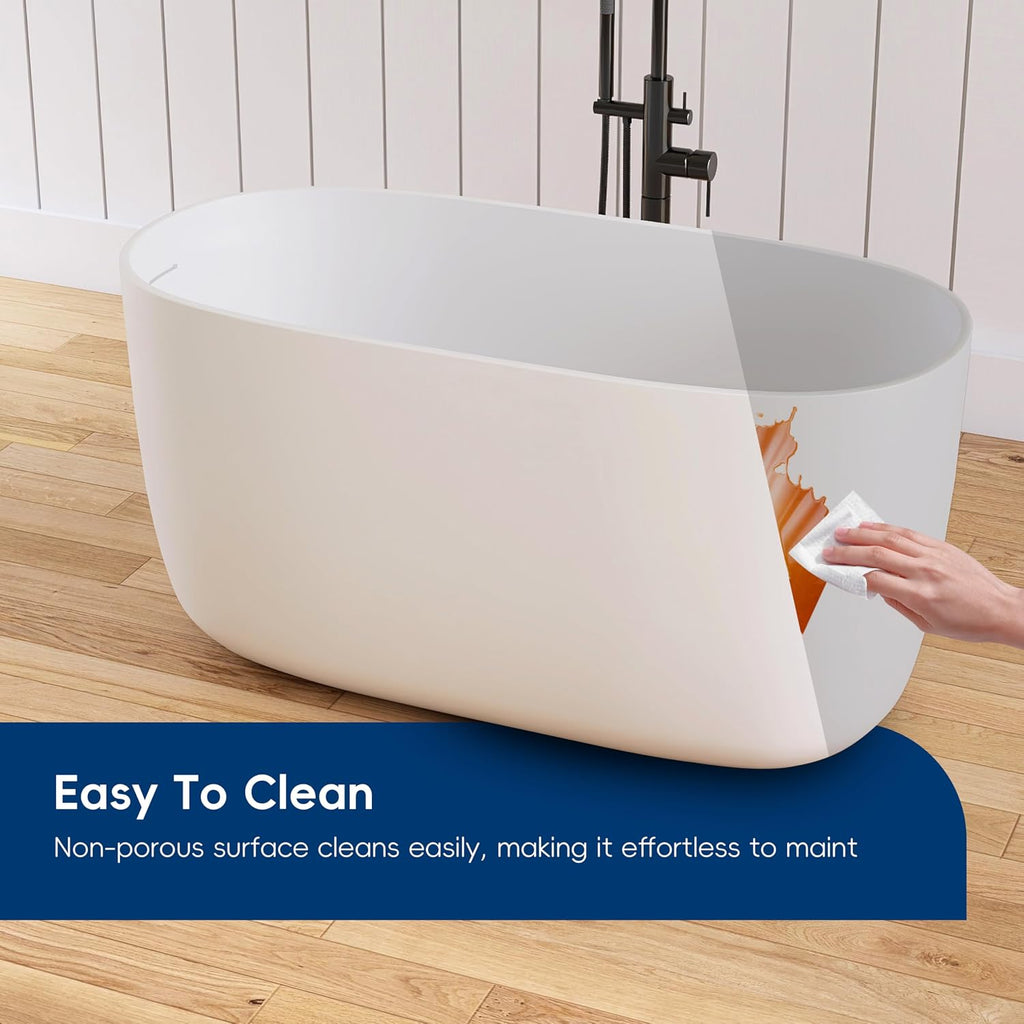 47' Stone Resin Freestanding Bathtub, Oval Solid Surface Bathroom Freestanding Tub, Thin Edge Stand Alone Tub with Integrated Slotted Overflow and Pop-up Drain, Matte White AMG025-1200
