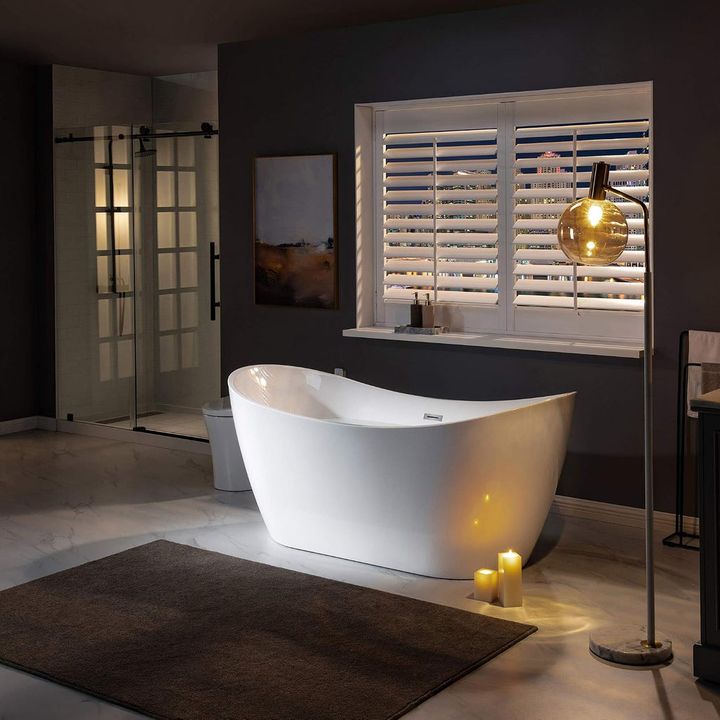 WOODBRIDGE 67' Acrylic Freestanding Bathtub Contemporary Soaking Tub, White Acrylic (Brushed Nickel Drain/Overflow),B-0010 B/N-Drain &O