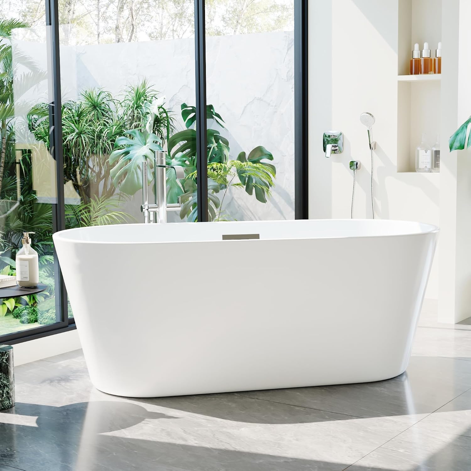 67' Free Standing Tub, Acrylic Soaking Bathtub, Stand Alone Freestanding Tub with Matte Sliver Drain and Overflow, Contemporary Bathtub for Bathroom, Burnish White