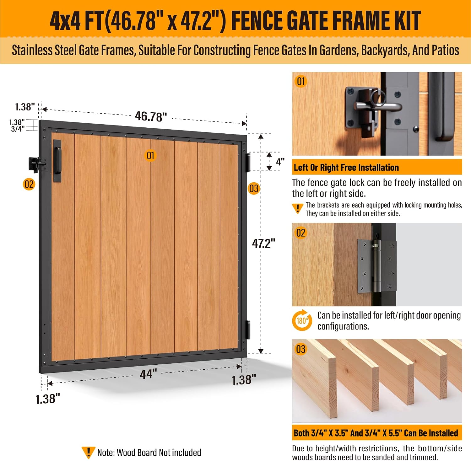 4x4FT Fence Gate Frame Kit 201 Stainless Steel Anti-Sag Heavy Duty Garden Gate Reinforcement Hardware, Left/Right Mount (No Panels Included)46.78'W x 47.2'H