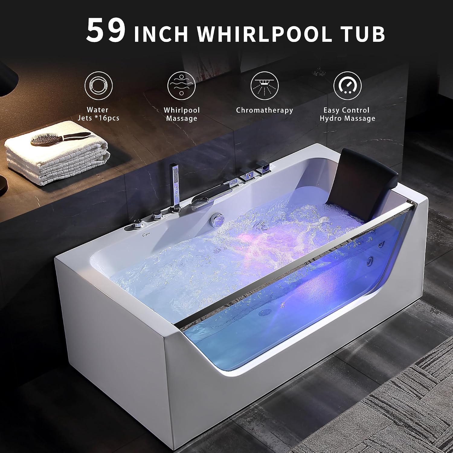 Empava 59' Acrylic Alcove Whirlpool Bathtub - 11 Jets Hydromassage with Chromatherapy, 750W, 58 Gallons, 3-Side Apron, Waterfall Faucet & ETL Certified