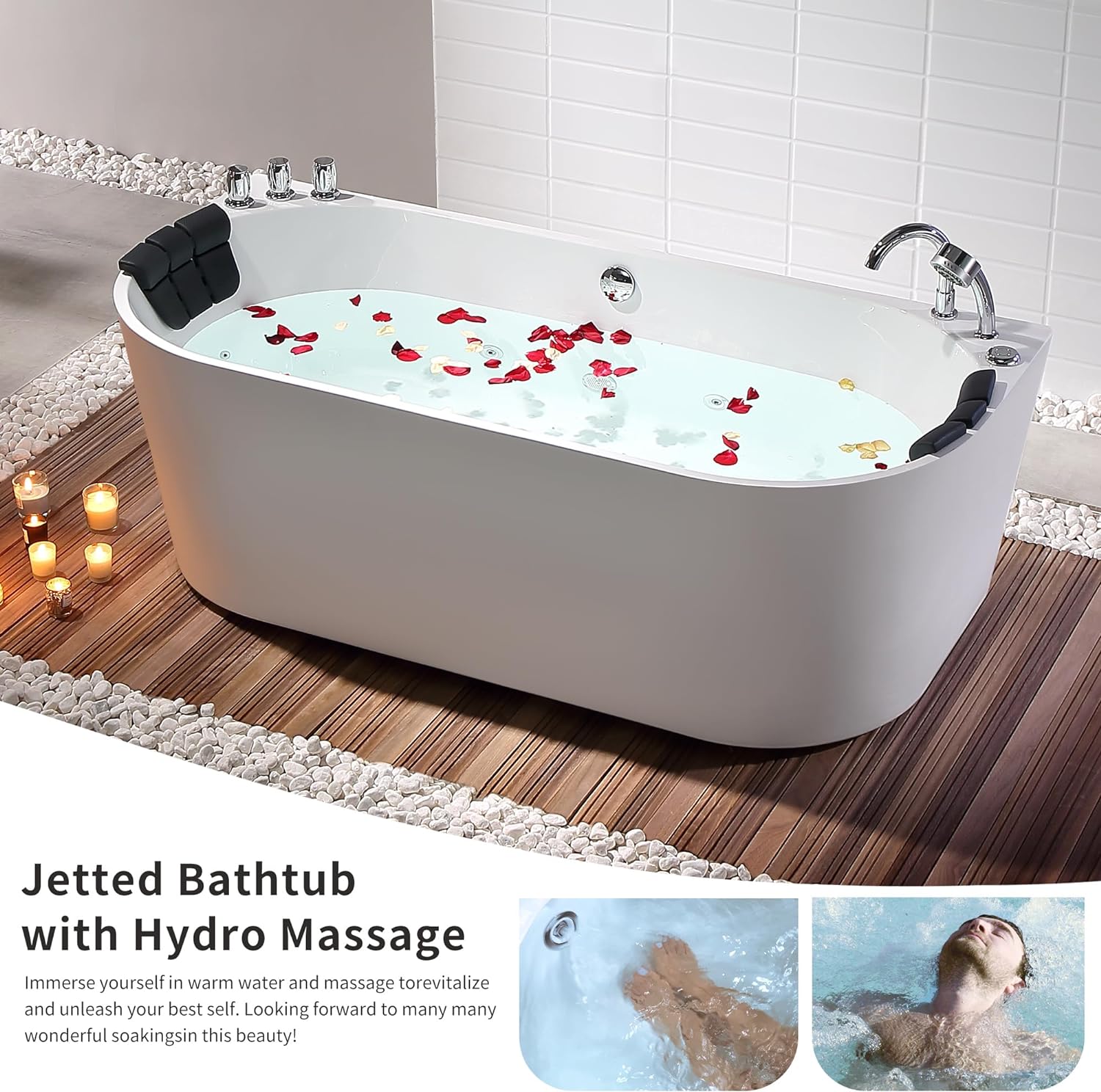 Empava 59-Inch Freestanding Whirlpool Bathtub Oval with 8 Hydromassage Adjustable Water Jets Luxury Acrylic Massage SPA Soaking Bath Tub Double Ended
