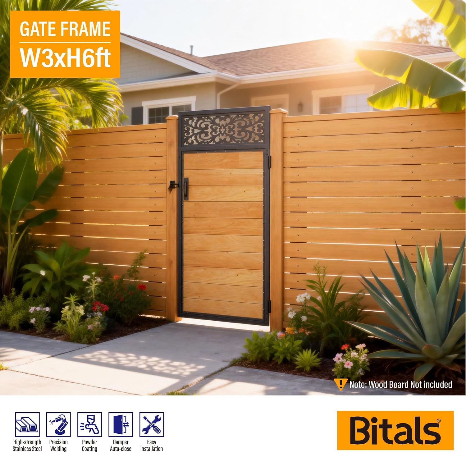 3x6FT Fence Gate Frame Kit 201 Stainless Steel Anti-Sag Heavy Duty Garden Gate Reinforcement Hardware, Left/Right Mount (No Panels Included)(34.8'W x 70.8'H)
