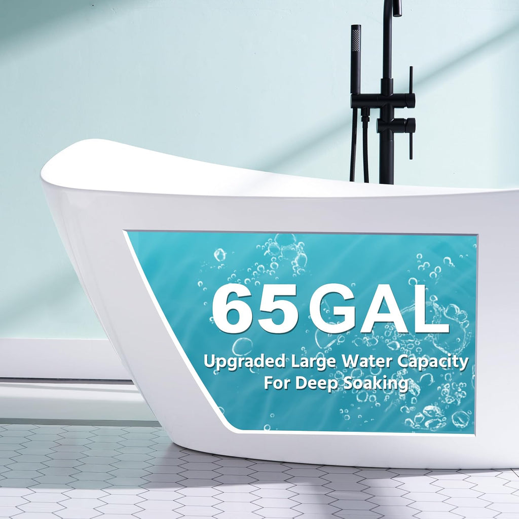 WELLFOR 70'Freestanding Acrylic Bathtub with Drain and Integrated Slotted Overflow, 65 Gallons Capacity, Soaking Bath Tub Oval Shape, Glossy White Soaking Bath Tub with Predrilled Overflow Holes