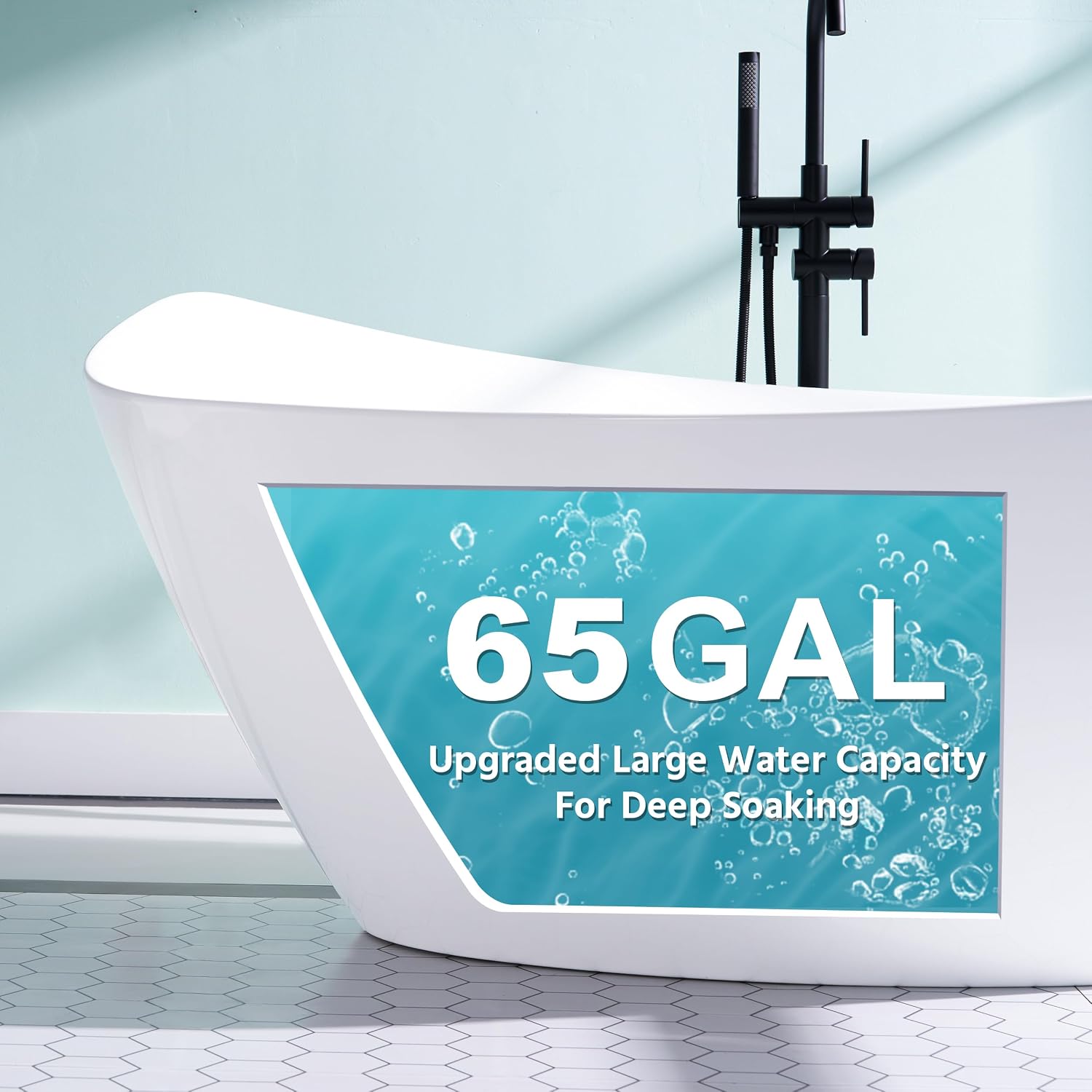 WELLFOR 70'Freestanding Acrylic Bathtub with Drain and Integrated Slotted Overflow, 65 Gallons Capacity, Soaking Bath Tub Oval Shape, Glossy White Soaking Bath Tub with Predrilled Overflow Holes