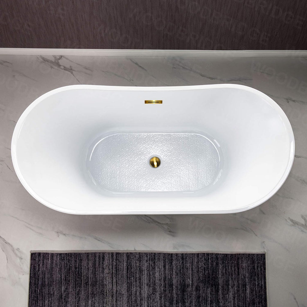 WOODBRIDGE 59'Freestanding White Acylic Soaking Bathtub with Brushed Gold Drain and Overflow,BTA1516 -BG-Drain &O