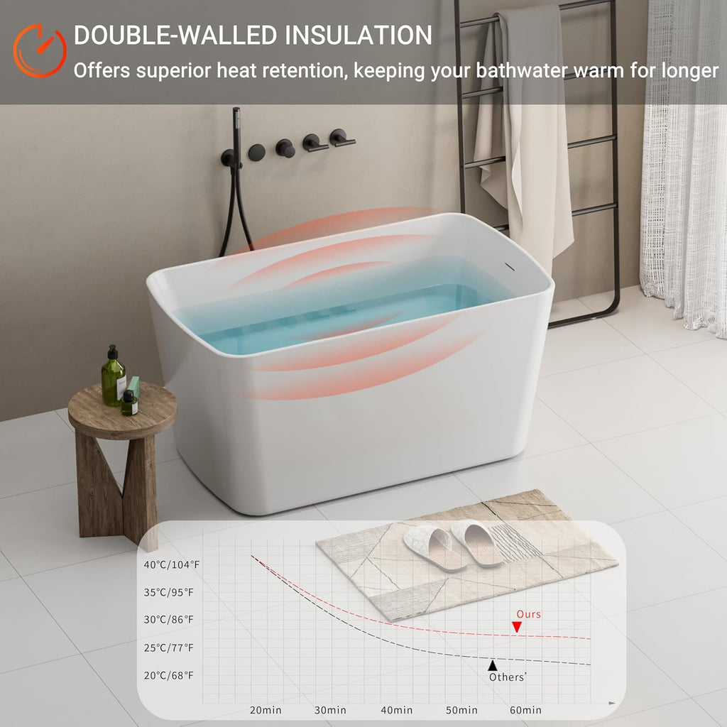 49' Acrylic Freestanding Bathtubs, Square Shaped Japanese Soaking Tub, Stand Alone Tubs W/Pop-UP Chrome Drain, Slotted Overflow, cUPC Certified, Glossy White (Without Seat)