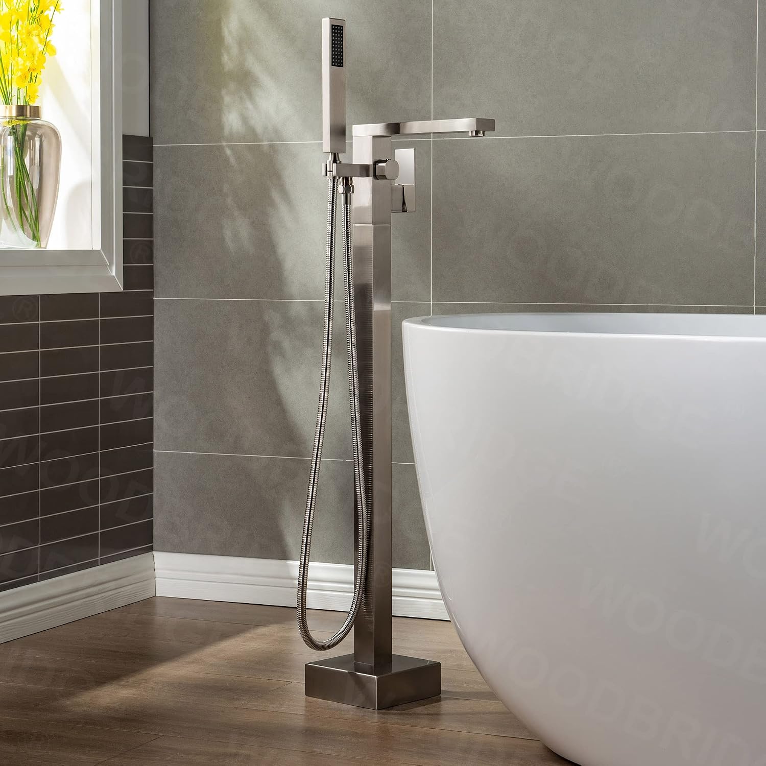 Woodbridge Brushed Nickel Freestanding Tub Filler Single Handle Floor Mounted Faucets with Handheld Shower. Square Design