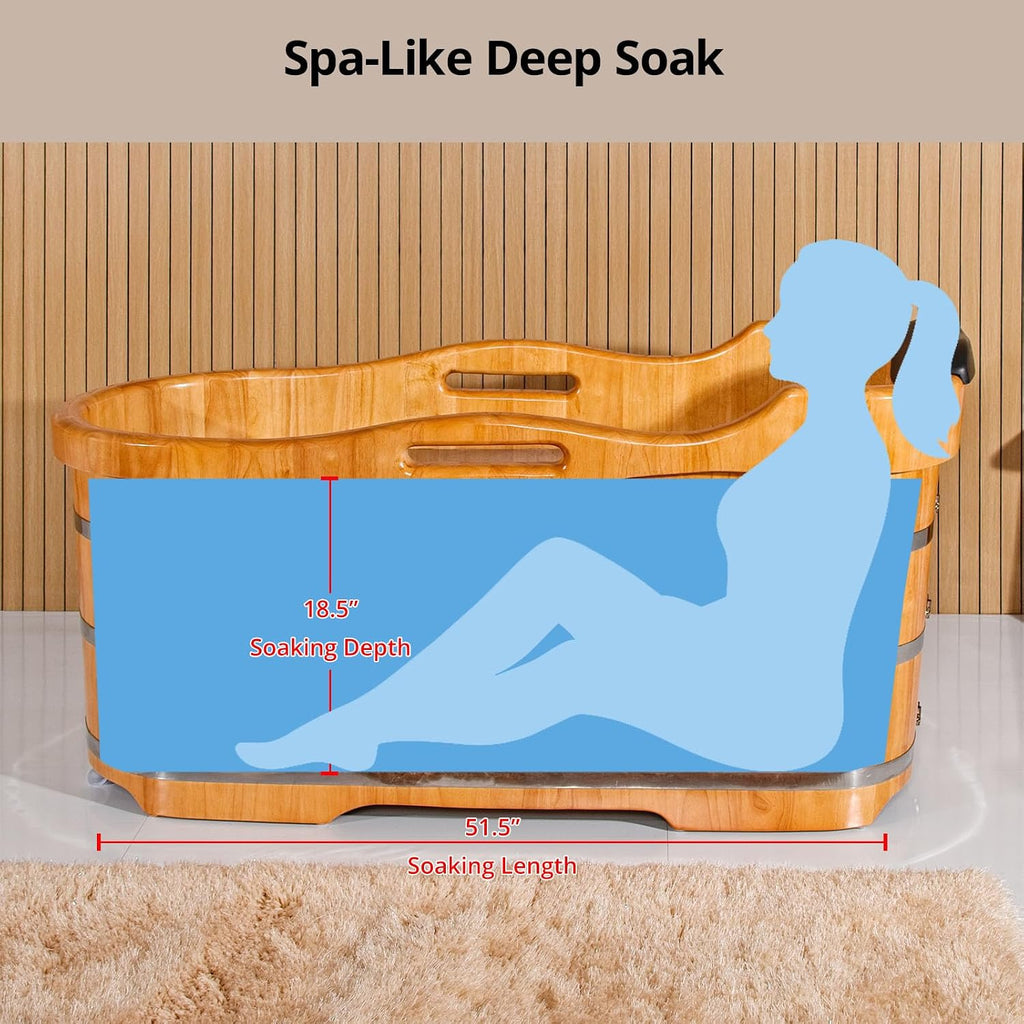 59' Freestanding Bathtub Wooden Soaking Tub Handcrafted Deep Soaking Bathtub with Wooden Handrails, Japanese Soaking Tub for Home Spa Relaxation, Freestanding Tub Wood Hot Tub STT15001