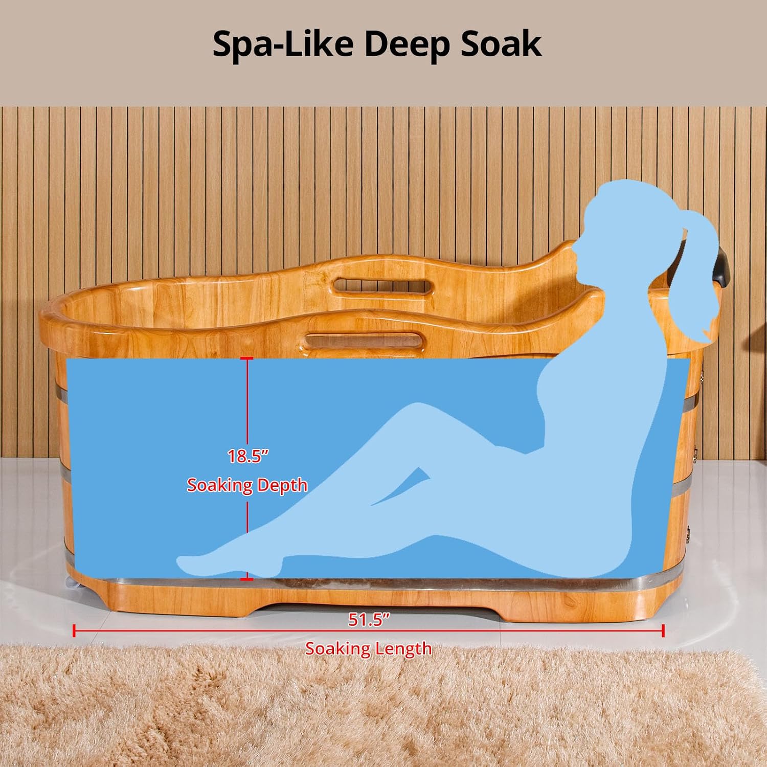 59' Freestanding Bathtub Wooden Soaking Tub Handcrafted Deep Soaking Bathtub with Wooden Handrails, Japanese Soaking Tub for Home Spa Relaxation, Freestanding Tub Wood Hot Tub STT15001