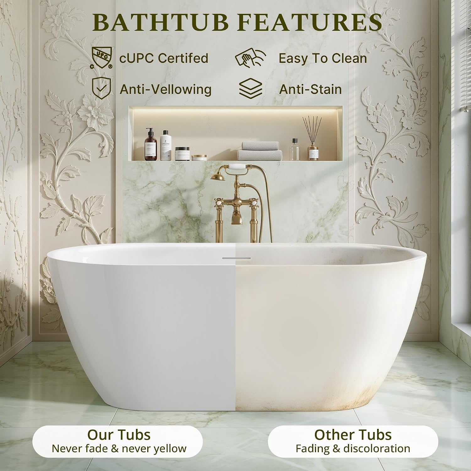 59' Freestanding Bathtub, Modern Oval Acrylic Soaking Tub with Overflow & Shower Function, Deep Standalone Tub with cUPC Certification, Double-Walled Insulation, White (59Inch)