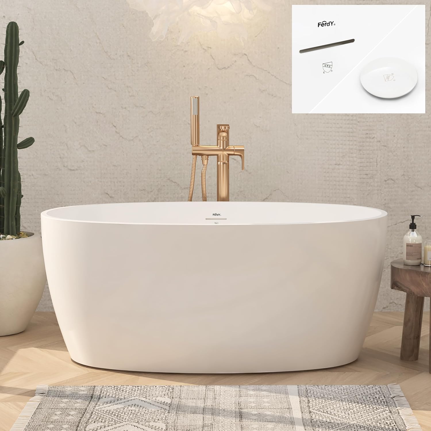 FerdY Tahiti 55' Acrylic Freestanding Bathtub, Elegant Oval Shape Soaking Bathtub, Glossy White, White Drain & Bath Pillow for Bathtub,Thick Tub Pillows, Breathable 4D Air Mesh