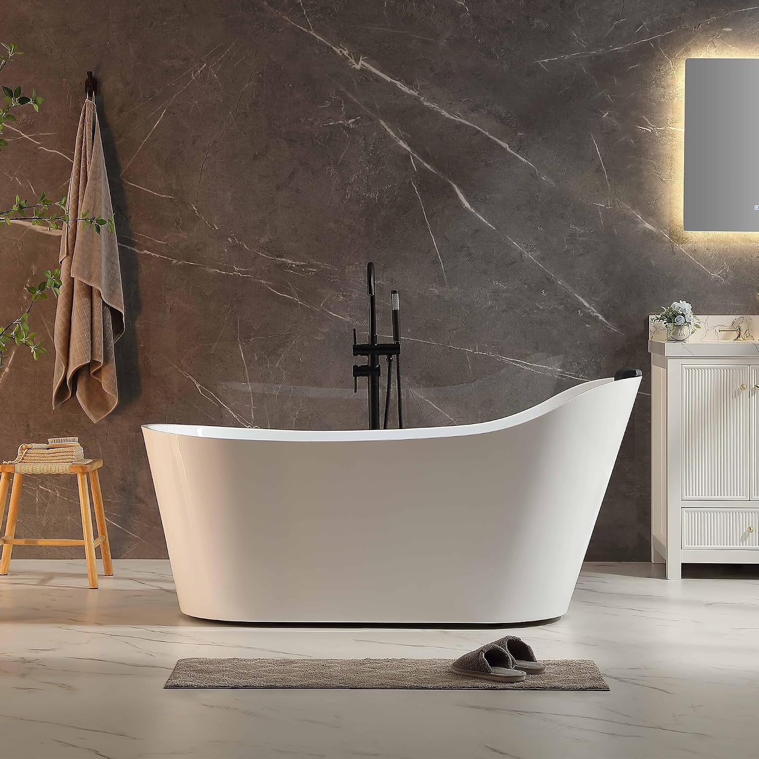 Empava Upgrade Acrylic Whirlpool Bathtub, 67-Inch Freestanding Gracefully Oval Shaped Jetted Bathtub with Healing Chromotherapy, 16 Hydromassage Jets, Single-Ended Bathtubs with Pillow