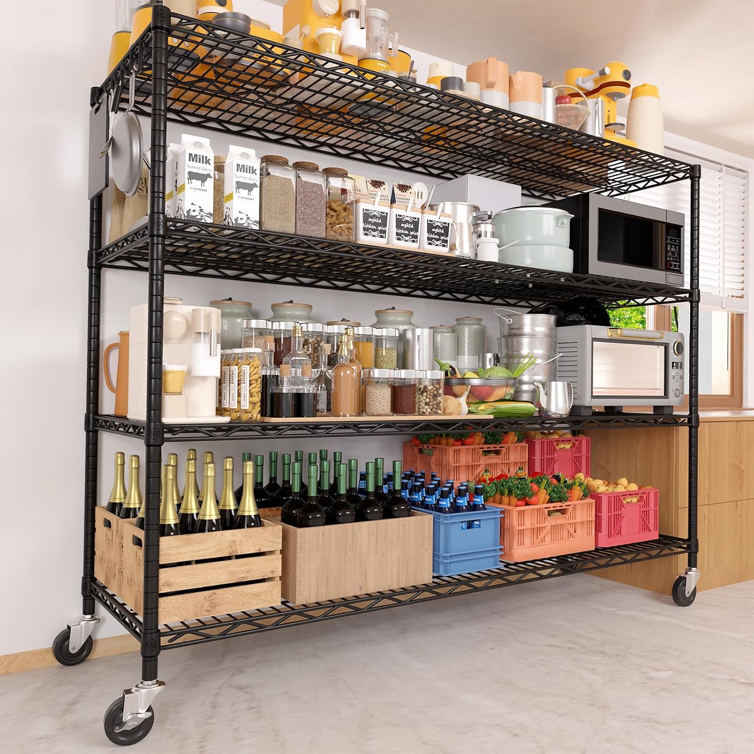 PrimeZone 2 Packs 55.5' W x 24' D x 80' H Heavy Duty Wire Storage Shelves with Wheels, 4 Tier Adjustable NSF Commercial Garage Shelving Unit, Rolling Metal Organizer Shelf Rack for Warehouse, Pantry