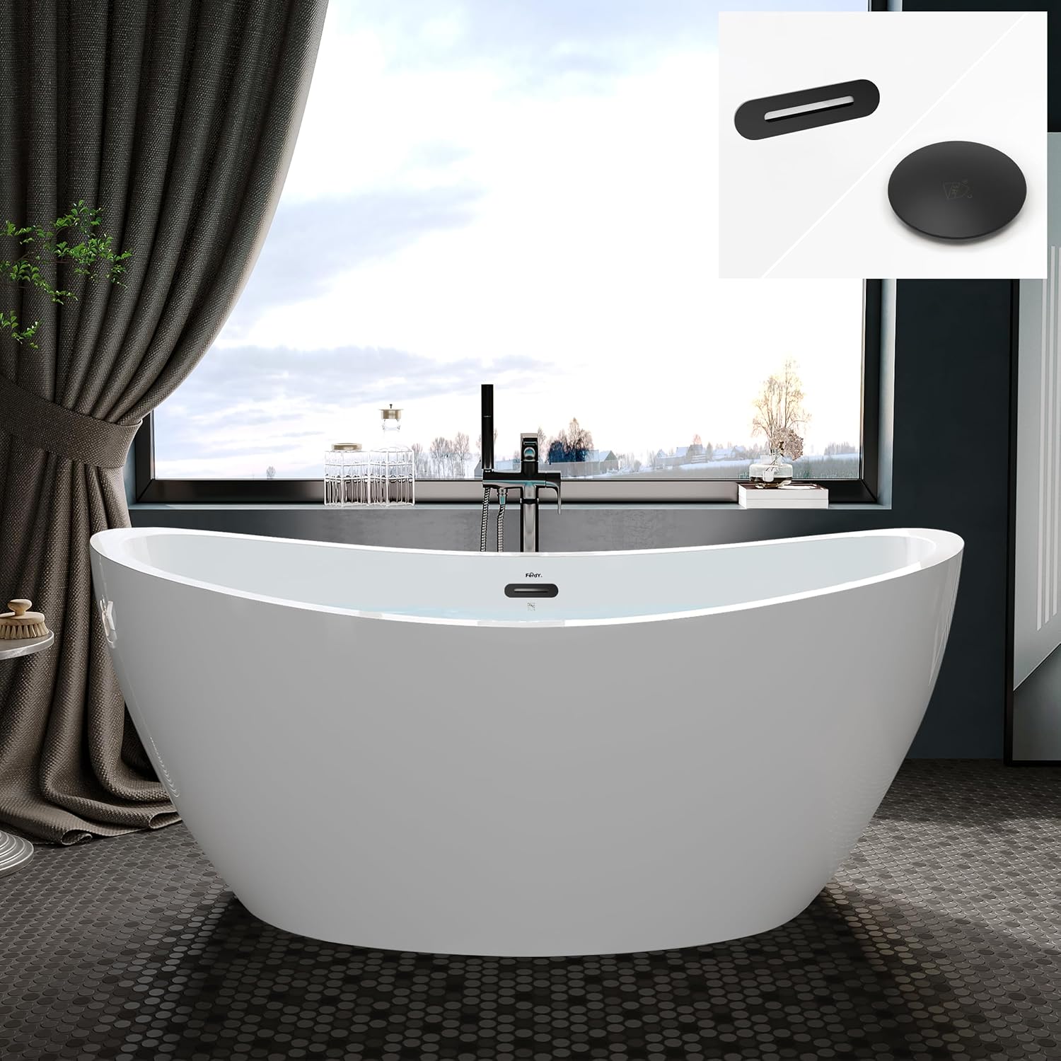 FerdY Naha 59' Acrylic Freestanding Bathtub, Curve Edge Freestanding Soaking Bathtub, Glossy White, cUPC Certified, Matte Black Drain& Bath Pillow for Bathtub,Thick Tub Pillows, Ergonomic Support