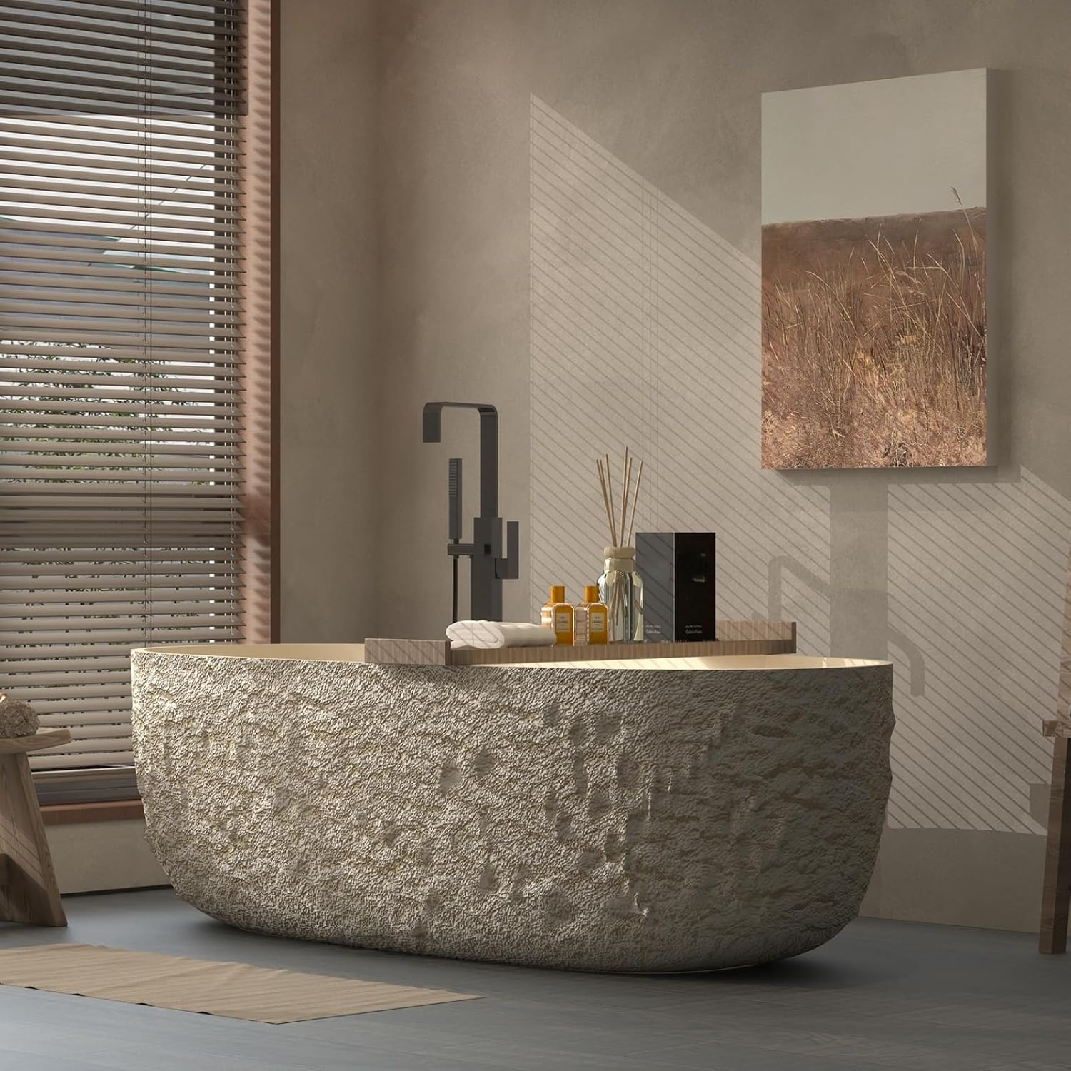 68' Edeyeu Freestanding Bathtub - Modern Solid Surface Bathtub Soaker Tub with Extra Deep Design, Durable One-Piece Stand Alone Tub for Spa-Like Soaking Experience, with Drain rock color